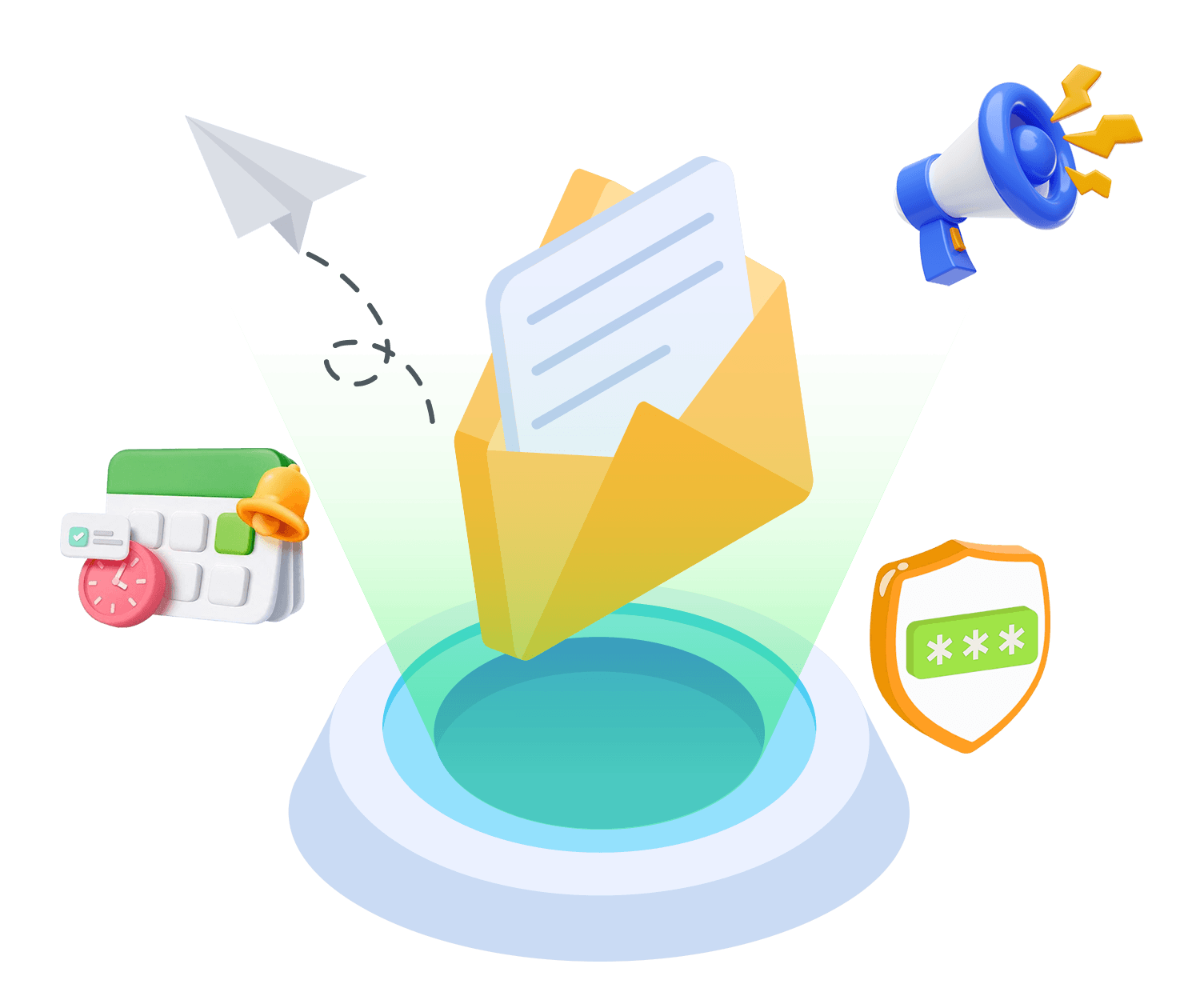 Green email envelope with marketing, reminder and OTP graphics